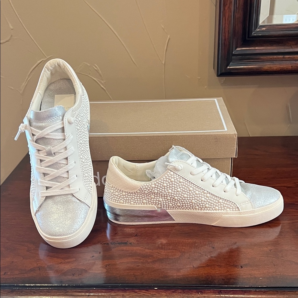 Dolce Vita Silver-Accented White Pearl-Embellished Lace-Up Sneakers